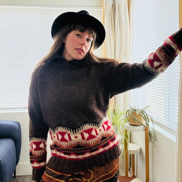 Vintage 90s Brown Wool Cashmere Cowichan Southwestern Aztec Sweater S/M Petite - Picture 12 of 13